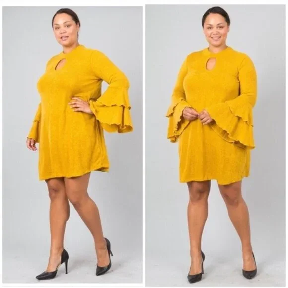 Mustard Yellow Bell Sleeve Knee Length Dress Keyhole Sweater Dress 2xl 3xl - Picture 6 of 11